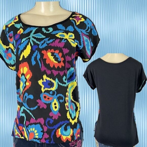 August Silk S Black Multi-Color Floral Butterfly Crew Dolman Short Sleeve Top - Picture 1 of 6